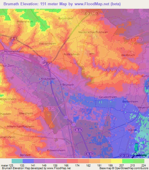Brumath,France Elevation Map