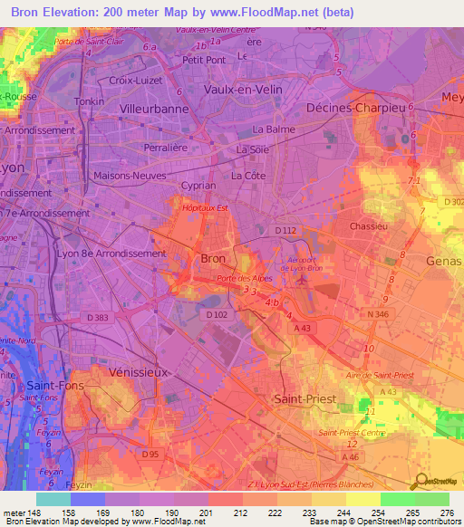 Bron,France Elevation Map