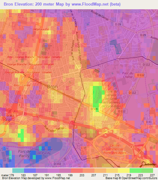 Bron,France Elevation Map