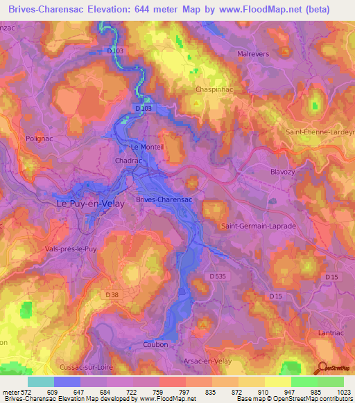 Brives-Charensac,France Elevation Map