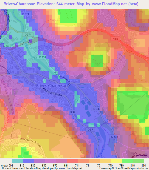 Brives-Charensac,France Elevation Map