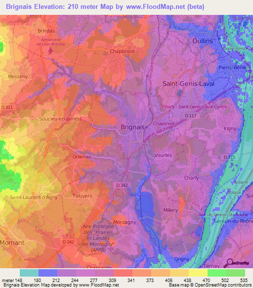 Brignais,France Elevation Map