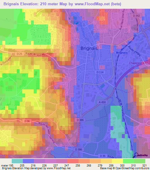 Brignais,France Elevation Map