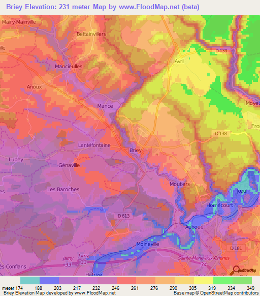 Briey,France Elevation Map