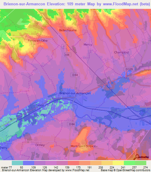 Brienon-sur-Armancon,France Elevation Map