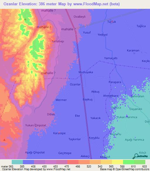 Ozanlar,Turkey Elevation Map