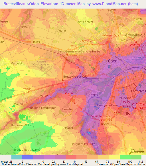 Bretteville-sur-Odon,France Elevation Map