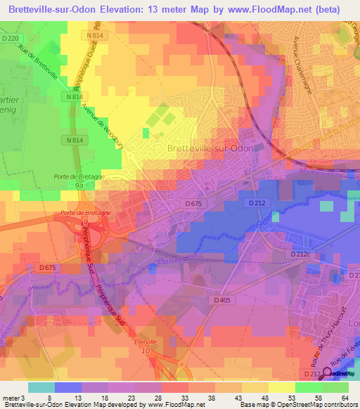 Bretteville-sur-Odon,France Elevation Map