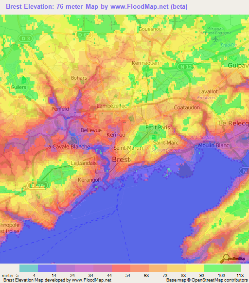 Brest,France Elevation Map