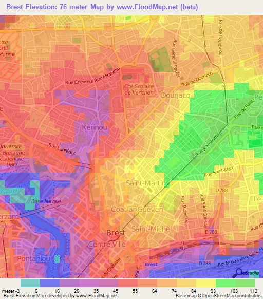 Brest,France Elevation Map