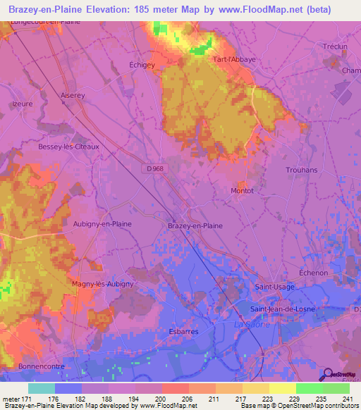 Brazey-en-Plaine,France Elevation Map