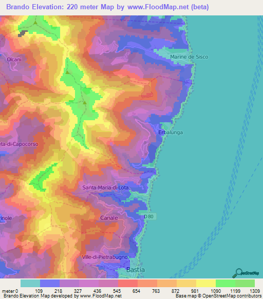 Brando,France Elevation Map