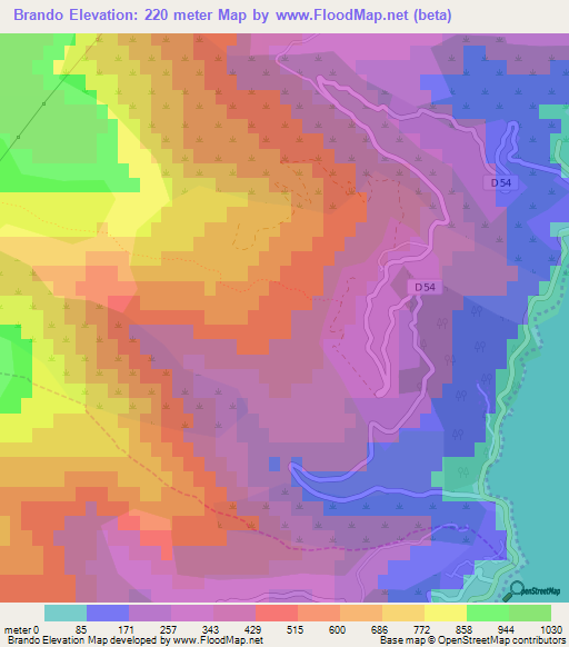 Brando,France Elevation Map