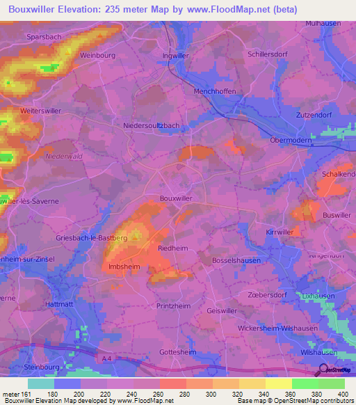 Bouxwiller,France Elevation Map