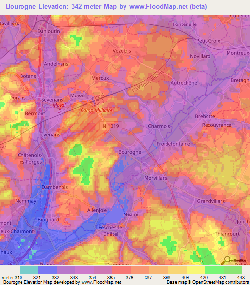 Bourogne,France Elevation Map