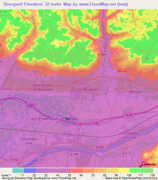 Bourgueil,France Elevation Map