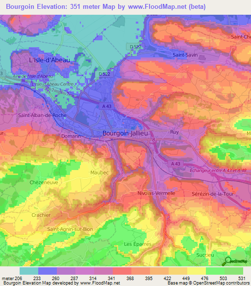 Bourgoin,France Elevation Map