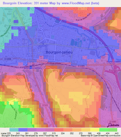 Bourgoin,France Elevation Map