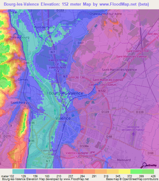 Bourg-les-Valence,France Elevation Map