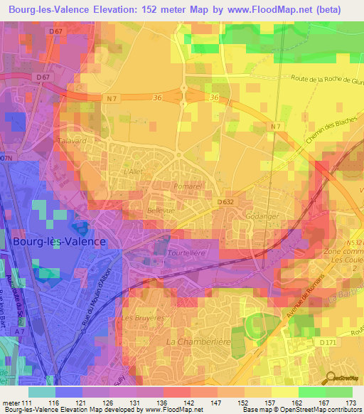 Bourg-les-Valence,France Elevation Map