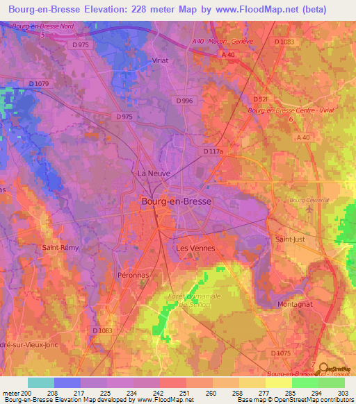 Bourg-en-Bresse,France Elevation Map