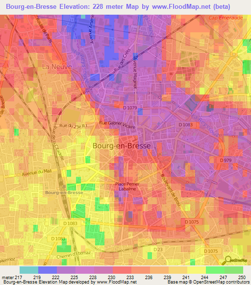 Bourg-en-Bresse,France Elevation Map