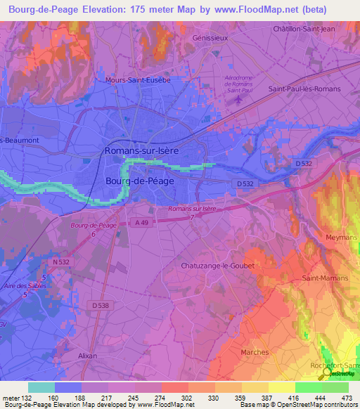 Bourg-de-Peage,France Elevation Map