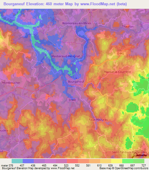 Bourganeuf,France Elevation Map