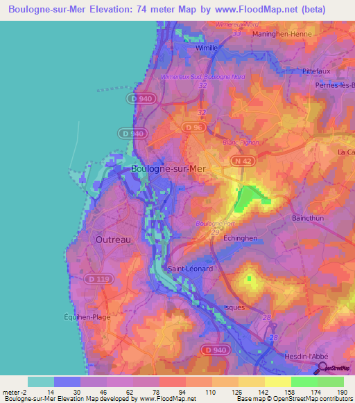 Boulogne-sur-Mer,France Elevation Map