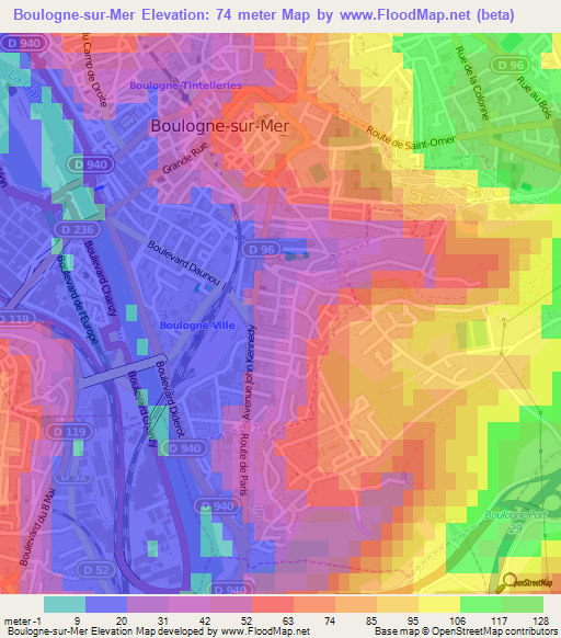 Boulogne-sur-Mer,France Elevation Map