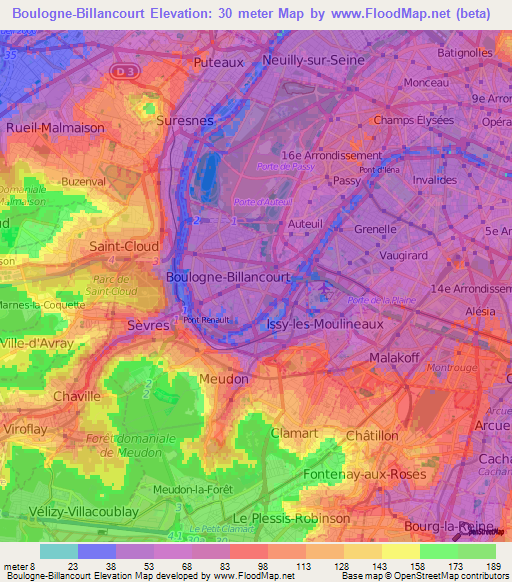 Boulogne-Billancourt,France Elevation Map