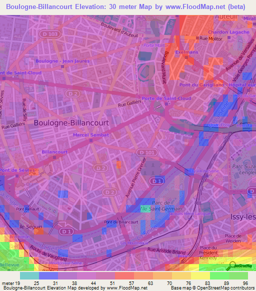 Boulogne-Billancourt,France Elevation Map