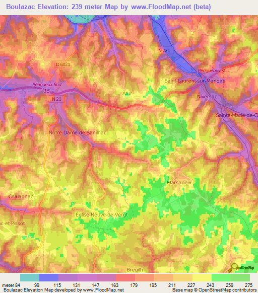 Boulazac,France Elevation Map