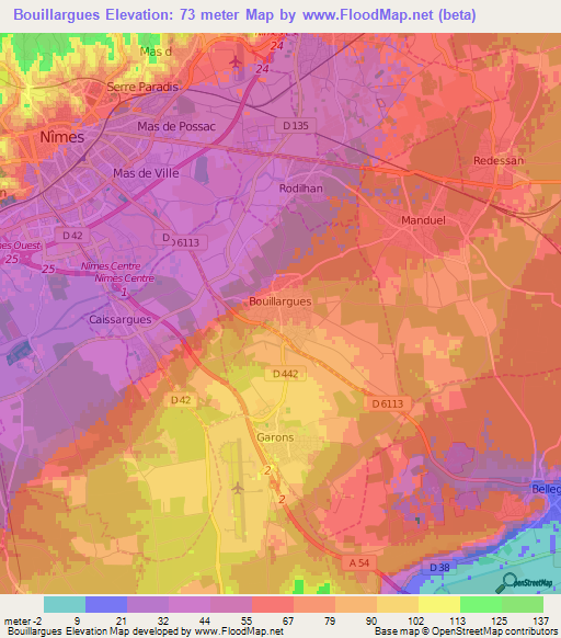 Bouillargues,France Elevation Map