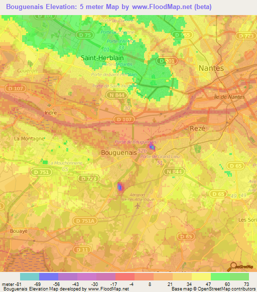 Bouguenais,France Elevation Map