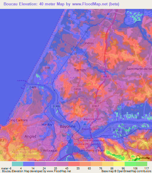 Boucau,France Elevation Map