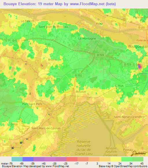 Bouaye,France Elevation Map