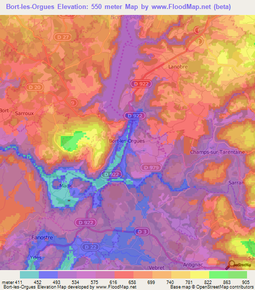 Bort-les-Orgues,France Elevation Map