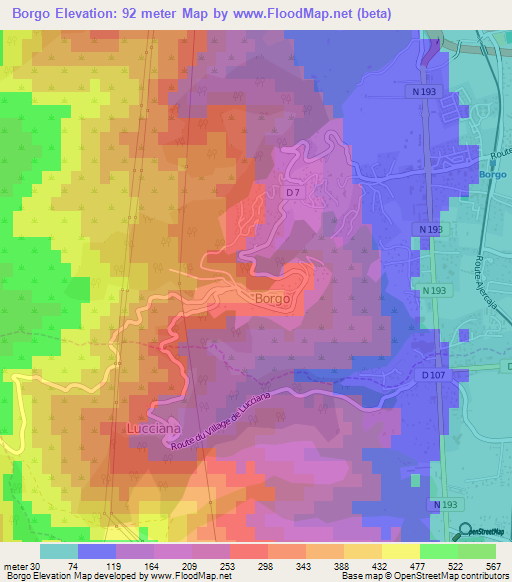 Borgo,France Elevation Map