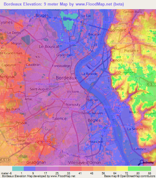 Bordeaux,France Elevation Map