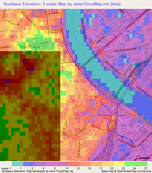 Bordeaux,France Elevation Map