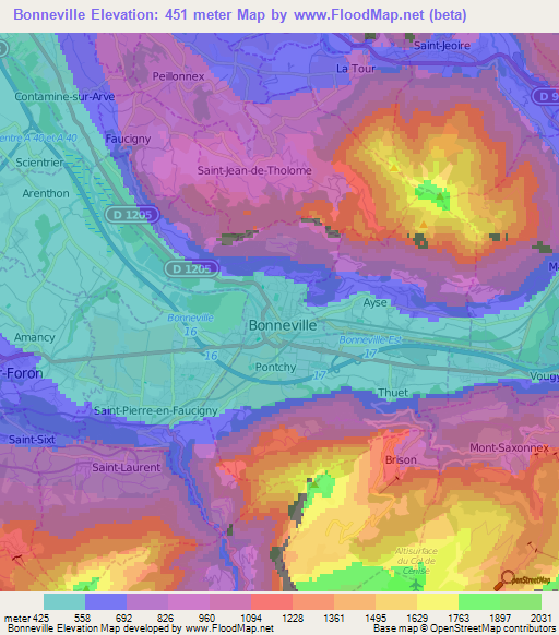 Bonneville,France Elevation Map