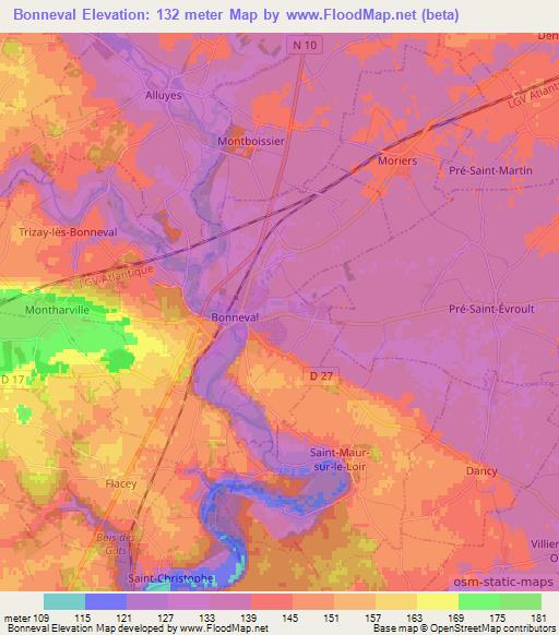 Bonneval,France Elevation Map