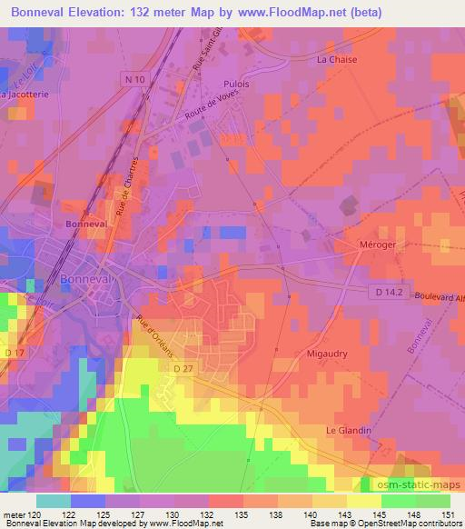 Bonneval,France Elevation Map