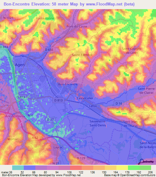 Bon-Encontre,France Elevation Map