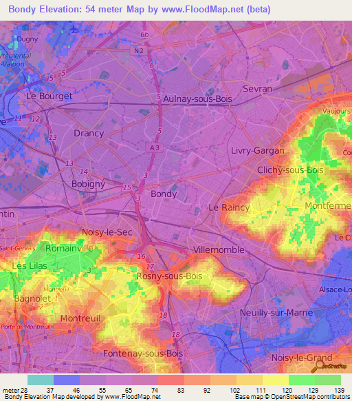 Bondy,France Elevation Map