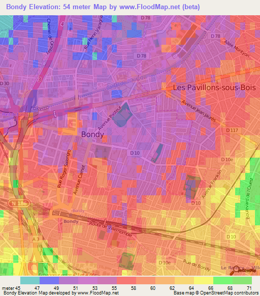 Bondy,France Elevation Map