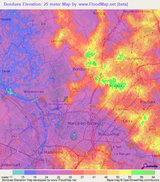 Bondues,France Elevation Map