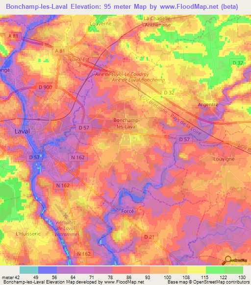 Bonchamp-les-Laval,France Elevation Map