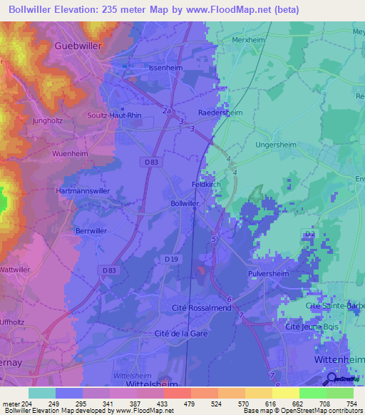 Bollwiller,France Elevation Map